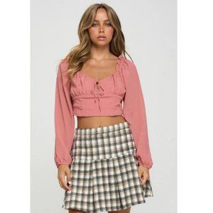 Women’s Pink Smocked Long Sleeves Crop Top
